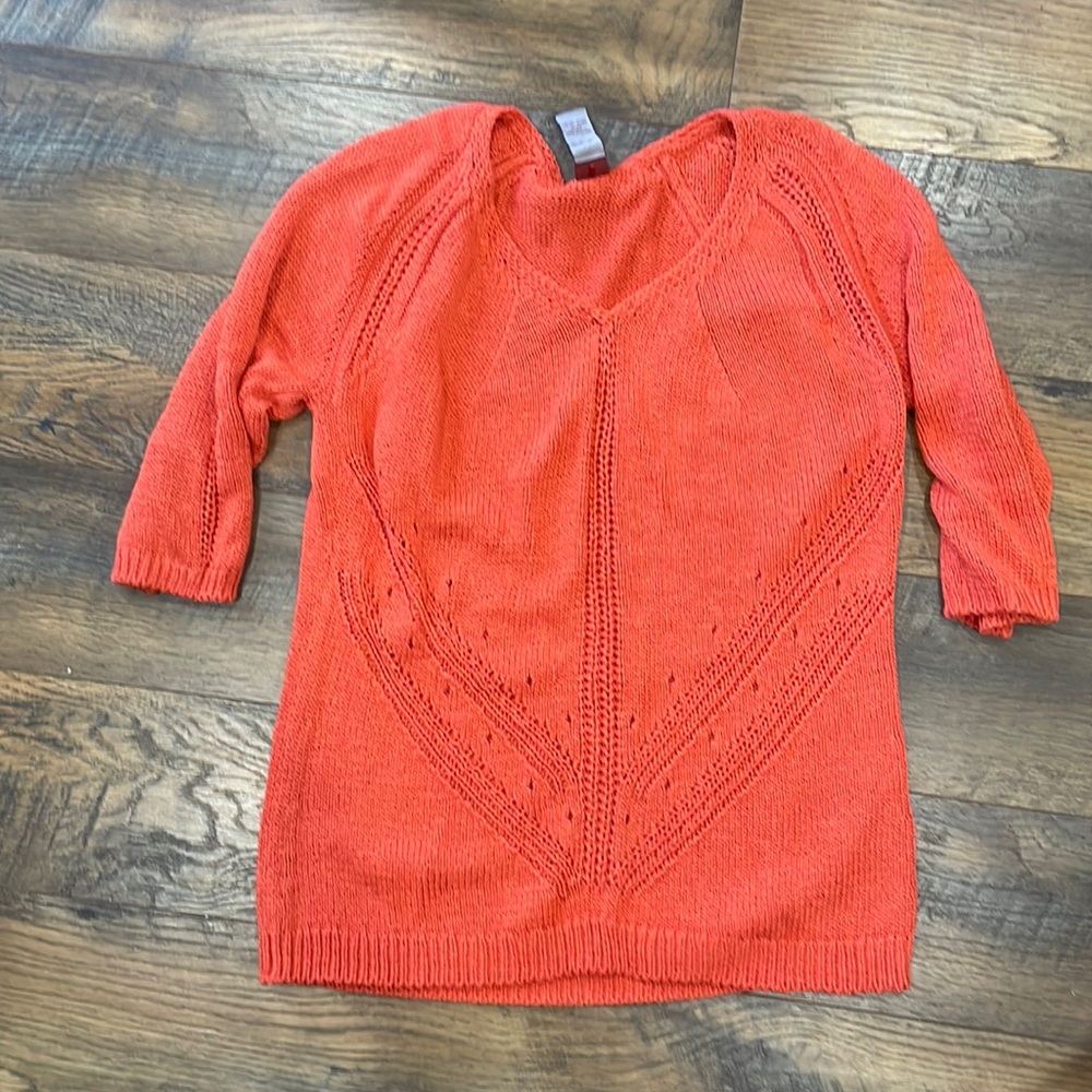 Bright red orange coral three-quarter length sleeve sweater